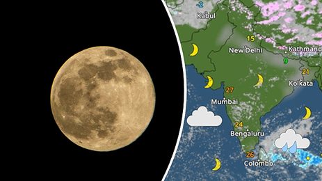 Split image with a picture of a supermoon on the left, weather radar of India on the right.