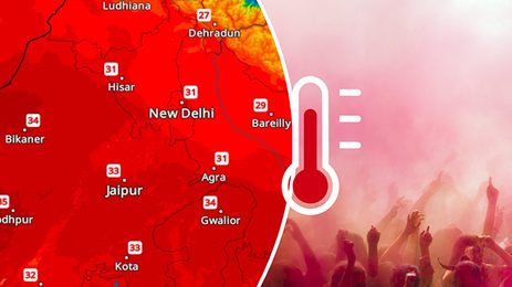Split image showing a erd-shaded temperature map of northern India with values above 30 °C around New Delhi, Jaipur, and Agra on the left, and a crowd scene of Holi celebrations on the right with a thermometer icon indicating heat.