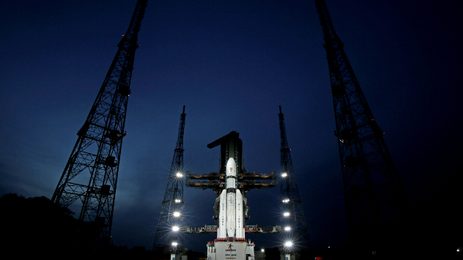 A simulated image is played on screen during live telecast of the landing of Chandrayaan-3 spacecraft on the south pole of the Moon at the ISRO Telemetry Tracking and Command Network (ISTRAC) center in Bengaluru on August 23, 2023. India made history on Wednesday August 23, became the first nation to land on the south pole region of the moon.
